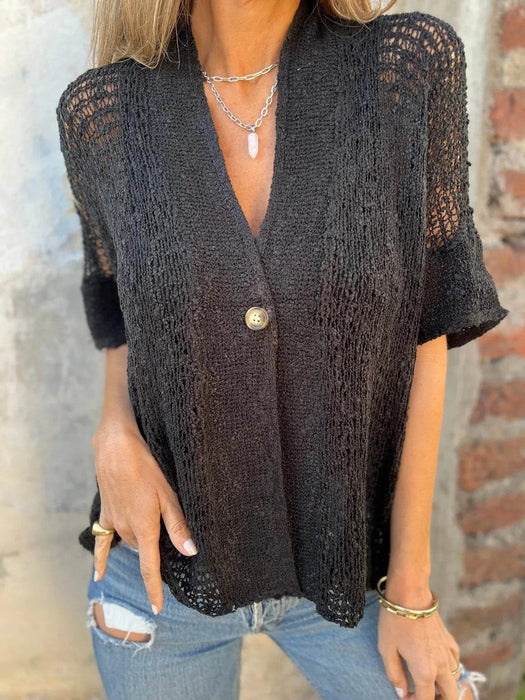 Full Size One Button Openwork Cardigan Plus Size - Byyde
