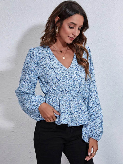 Floral V-Neck Balloon Sleeve Peplum Blouse - Byyde