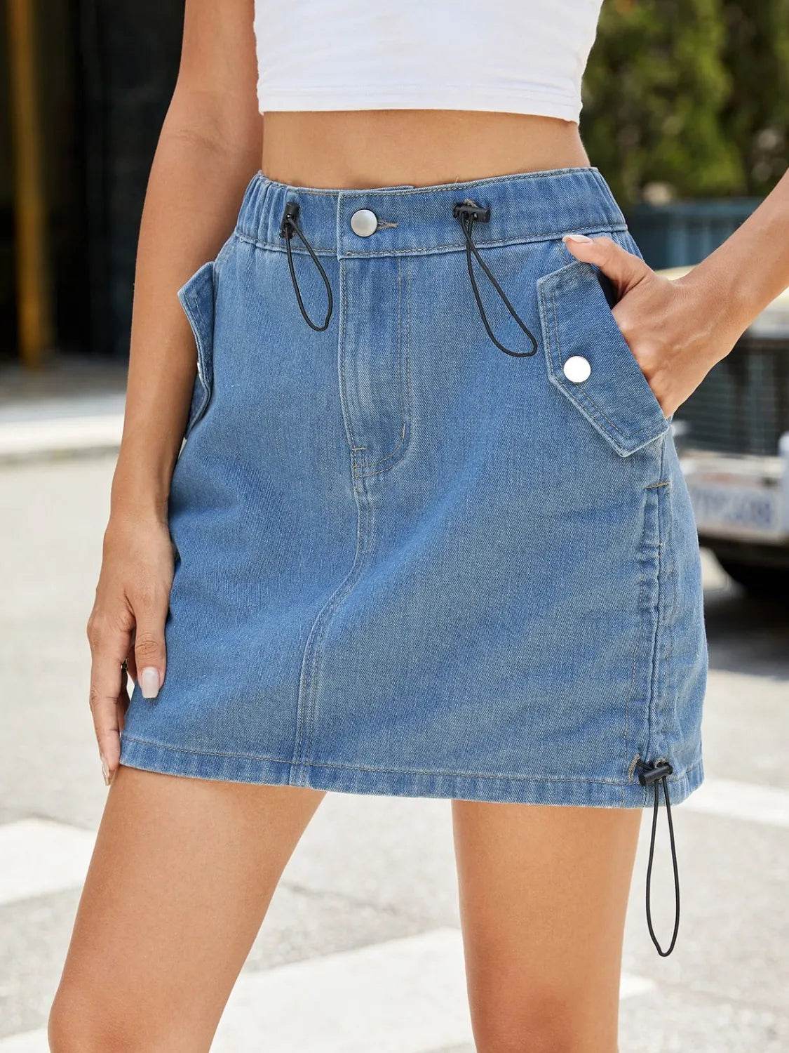 Drawstring Denim Mini Skirt - Byyde