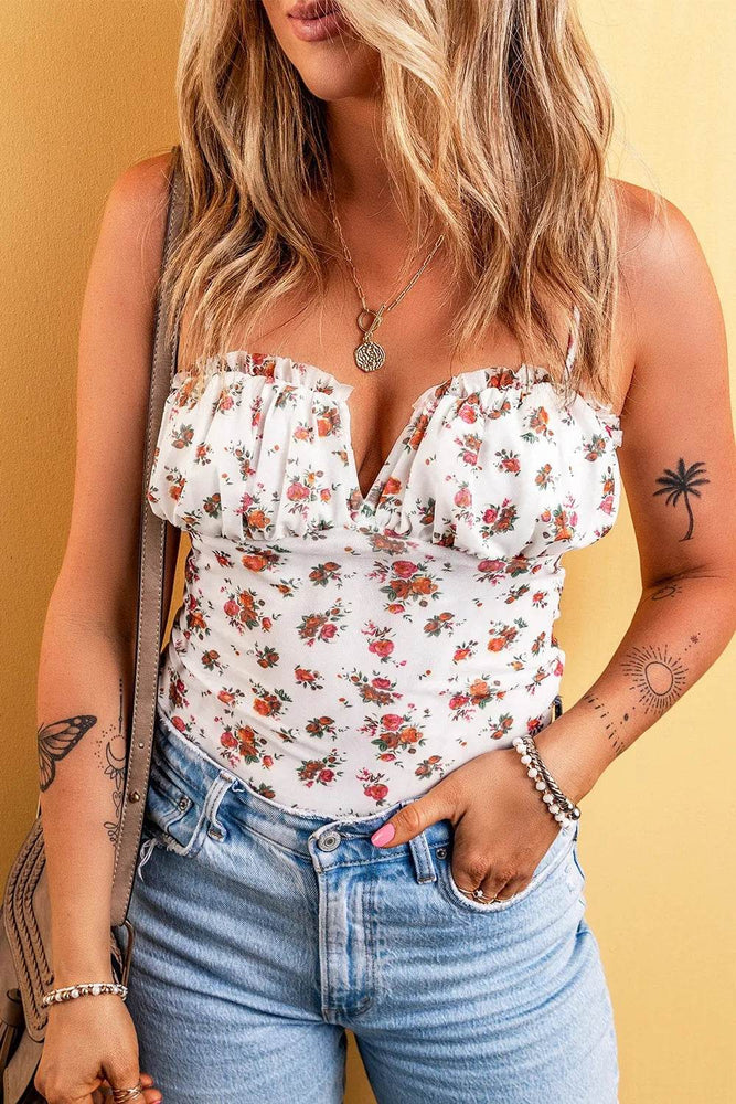 Floral Frilled Trim Spaghetti Straps Bodysuit - Byyde
