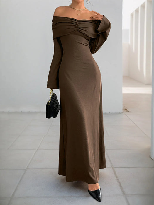 Off-Shoulder Long Sleeve Bodycon Maxi Dress - Byyde