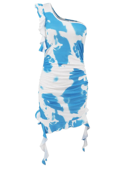 Ruffled Tie-Dye Single Shoulder Mini Dress - Byyde