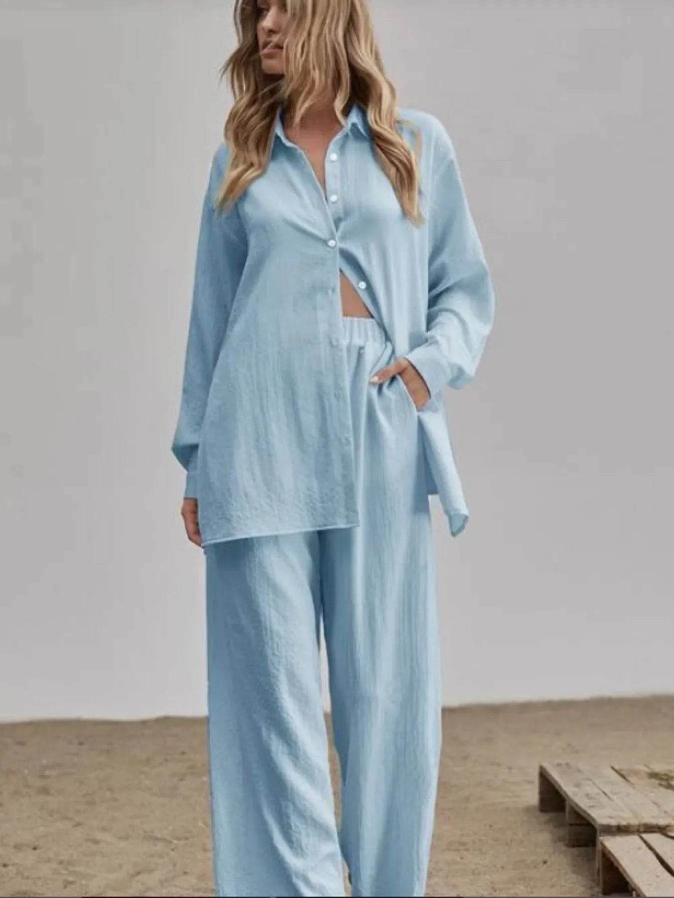 Button Up Long Sleeve Shirt and Pants Set - Byyde