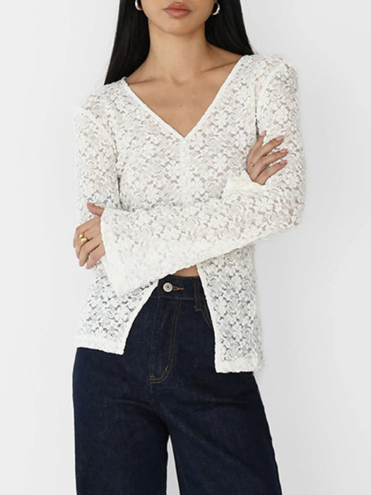 Lace V-Neck Flare Sleeve T-Shirt - Byyde