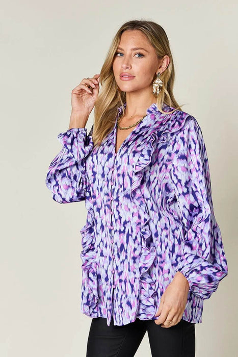 Double Take Full Size Printed Ruffle Trim Balloon Sleeve Shirt - Byyde