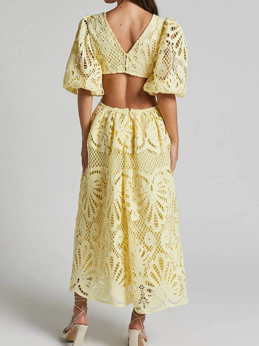 Cutout Back Lace Crochet V-Neck Dress - Byyde