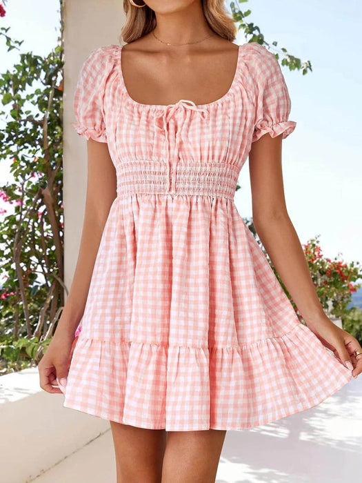 Gingham Smocked Puff Sleeve Summer Dress - Byyde