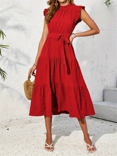 Frill Mock Neck Ruffled Cap Sleeve Midi Dress - Byyde