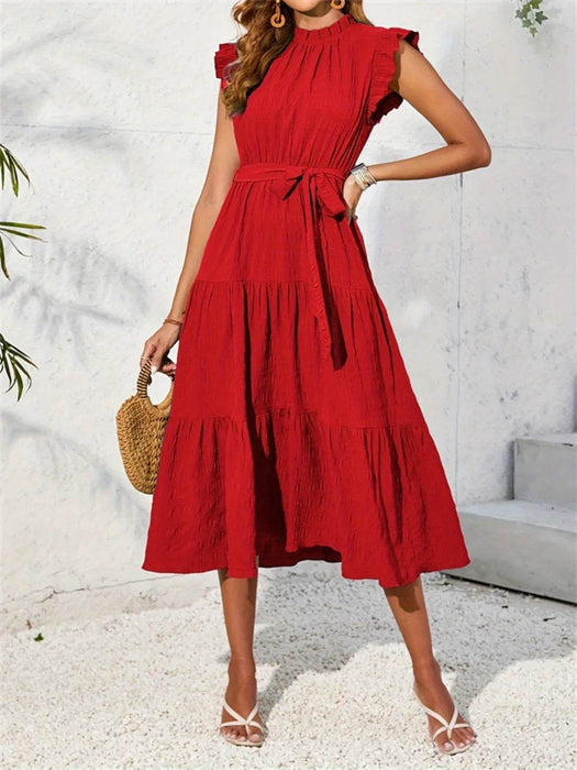 Frill Mock Neck Ruffled Cap Sleeve Midi Dress - Byyde