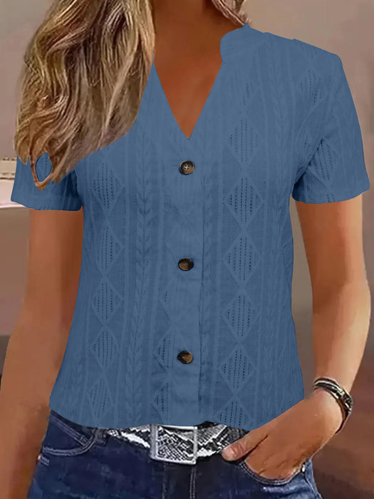 Textured Notched Short Sleeve Blouse - Byyde