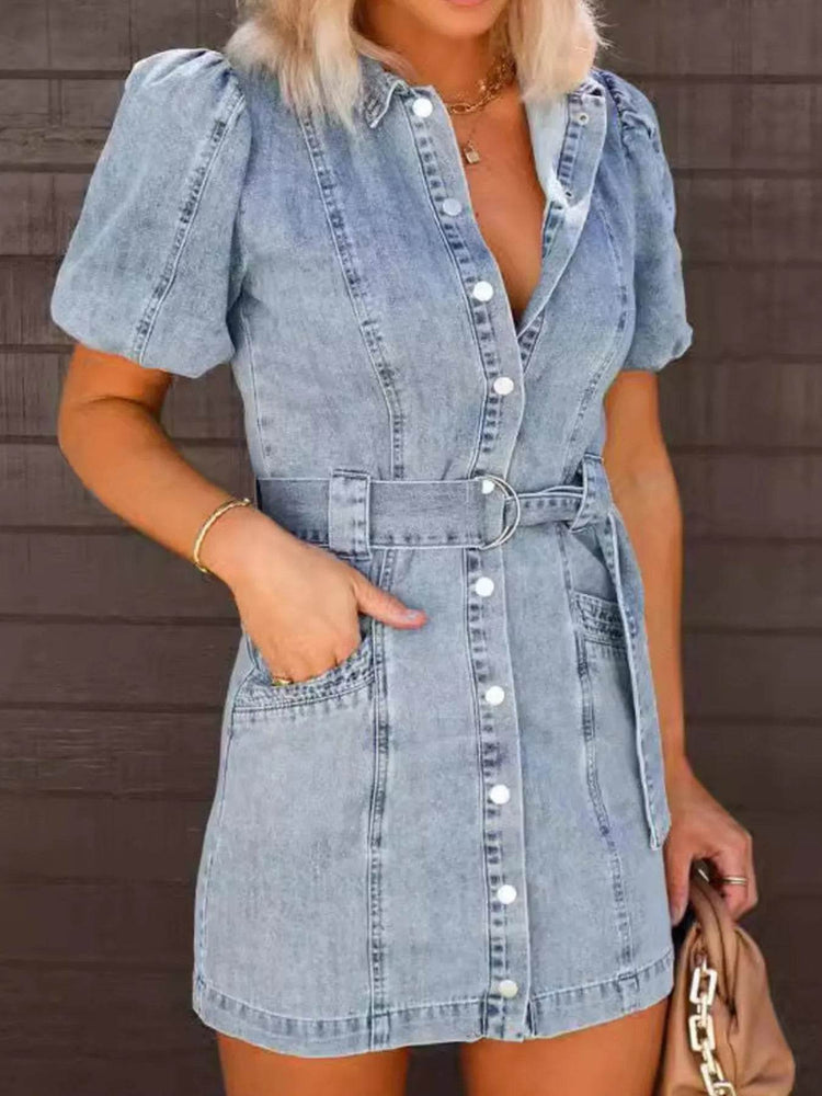 Button-Up Puff Sleeve Denim Shirt Dress - Byyde