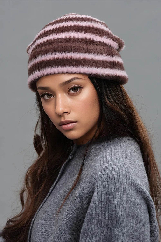 Fuzzy Contrast Striped Thermal Hat - Byyde
