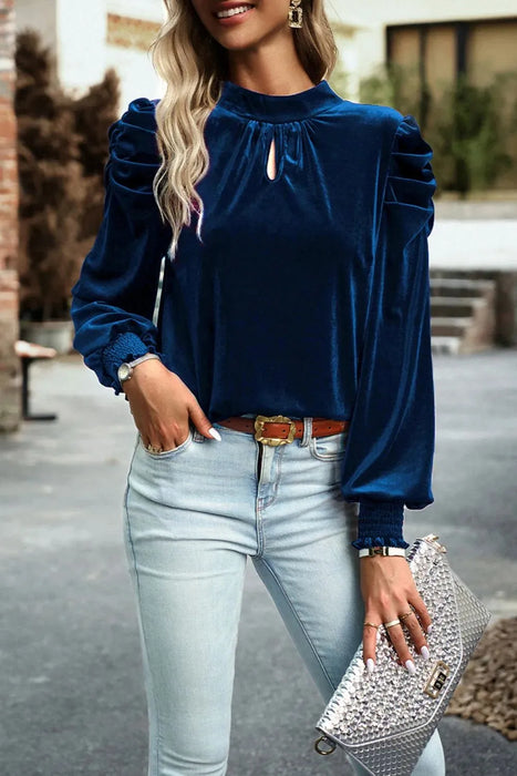 Tie Up Mock Neck Velvet Fabric Long Sleeve Blouse - Byyde