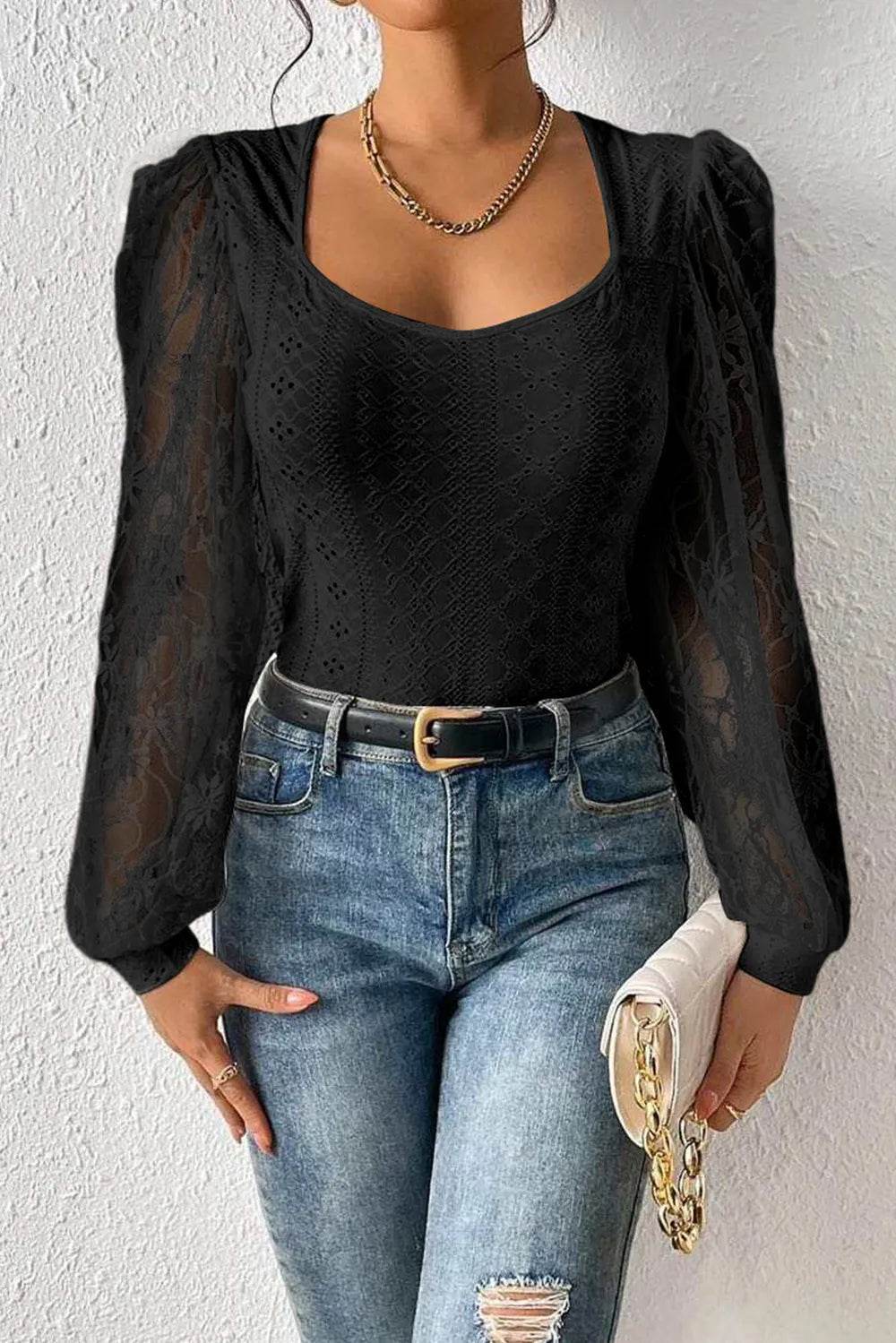 Eyelet Lace Long Sleeve Bodysuit - Byyde