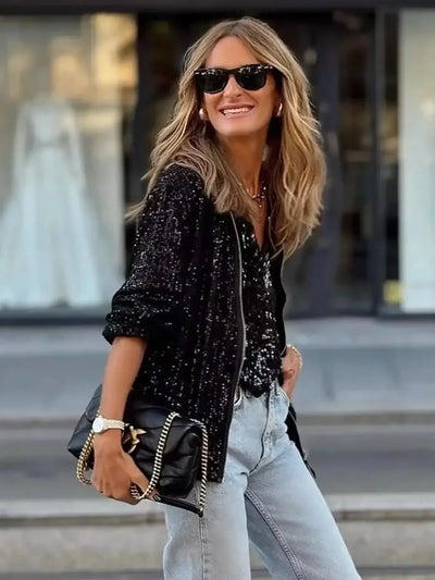 Sequin Zip Up Long Sleeve Jacket - Byyde