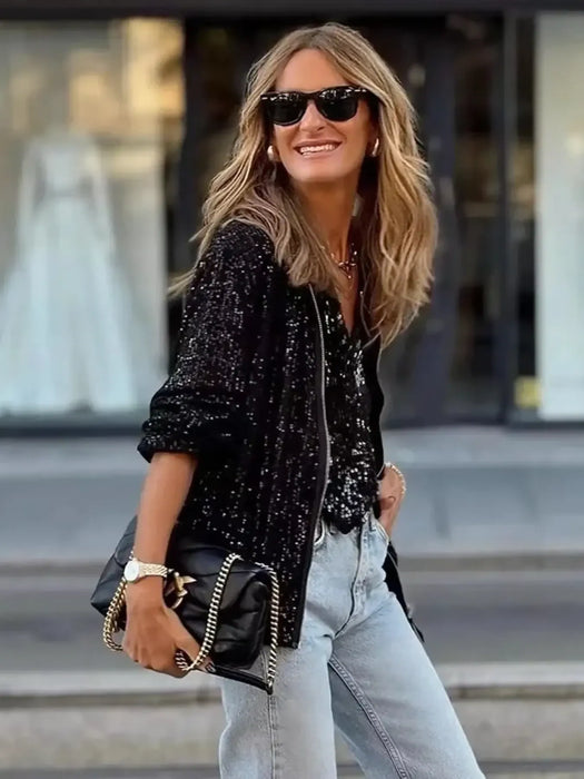 Sequin Zip Up Long Sleeve Jacket - Byyde