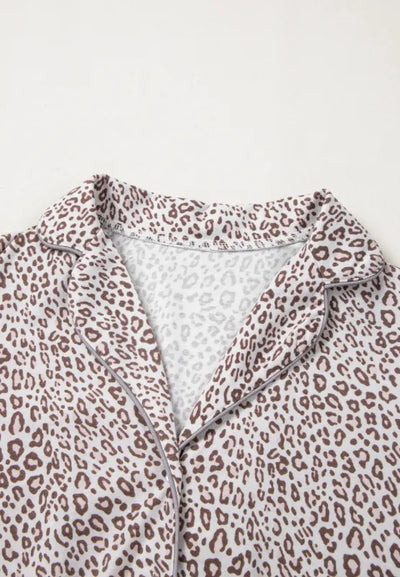 Leopard Button Down Long Sleeve Top and Pants Lounge Set - Byyde
