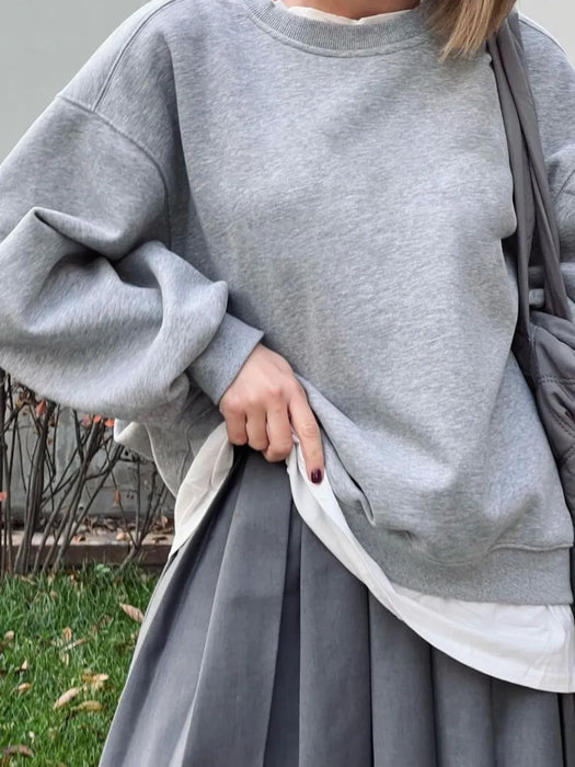 Round Neck Dropped Shoulder Long Sleeve Sweatshirt - Byyde