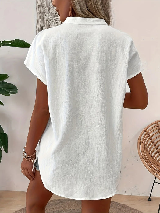 Notched Short Sleeves Casual Blouse - Byyde
