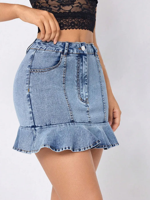 Ruffled Hem Denim Mini Skirt - Byyde