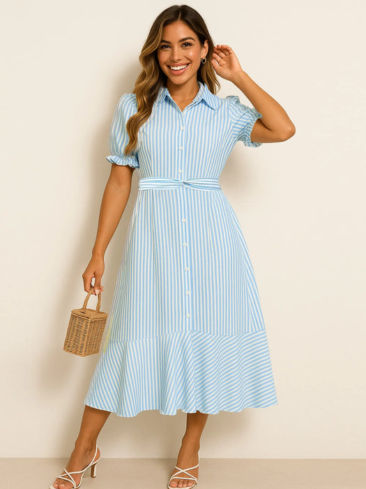 Striped Button-Down Midi Shirt Dress with Ruffle Sleeves - Byyde