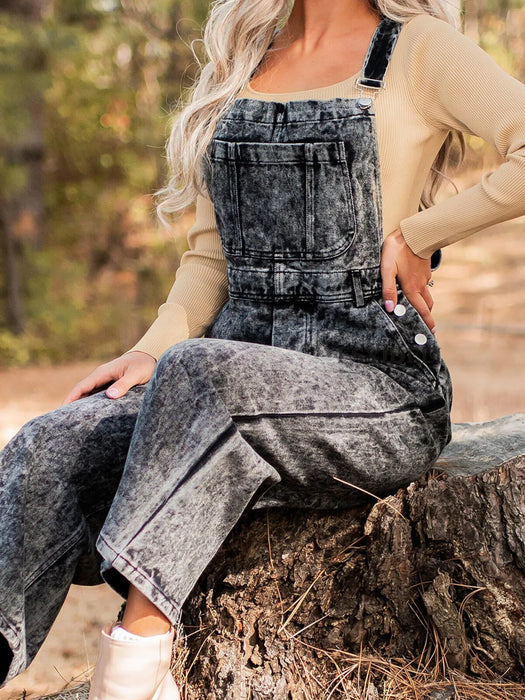 Vintage Washed Wide Leg Denim Overalls with Front Pockets - Byyde