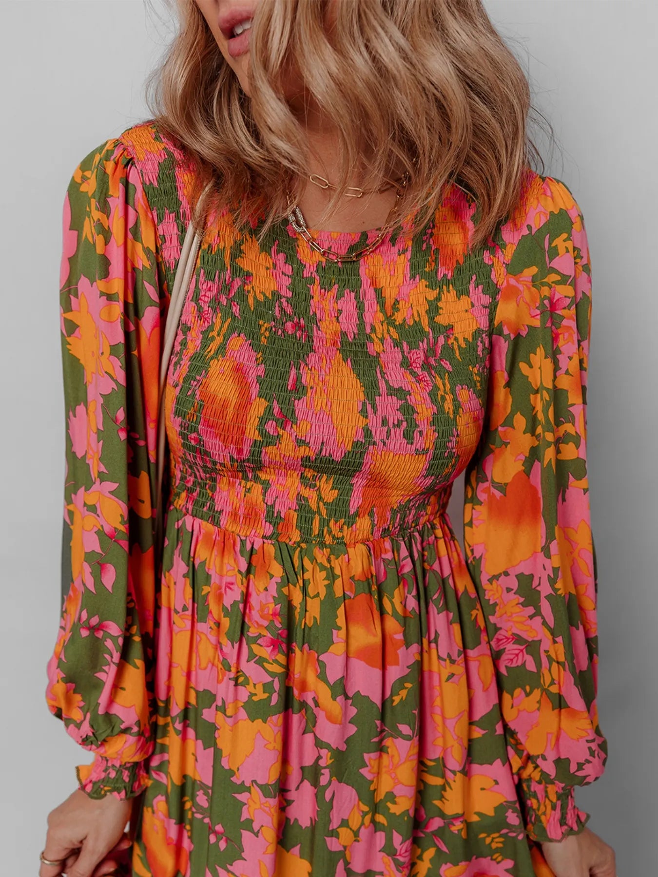 Smocked Floral Print Long Sleeve Maxi Dress - Byyde