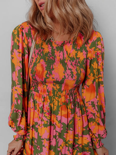 Smocked Floral Print Long Sleeve Maxi Dress - Byyde