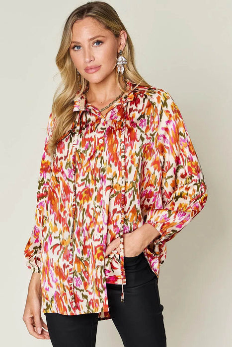 Double Take Full Size Printed Button Up Long Sleeve Shirt - Byyde