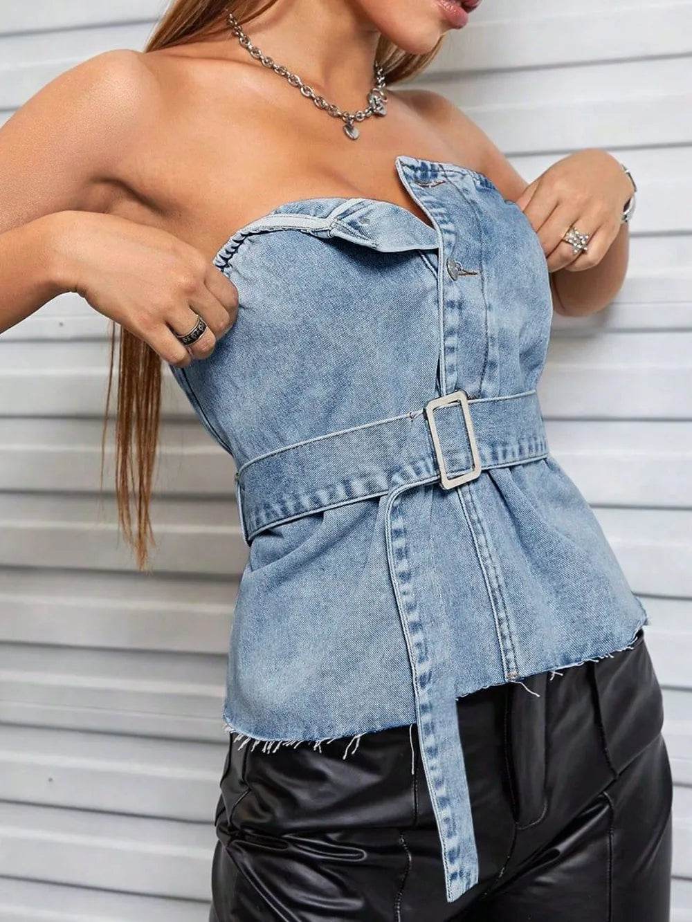 Frayed Hem Button Detail Tube Top - Byyde