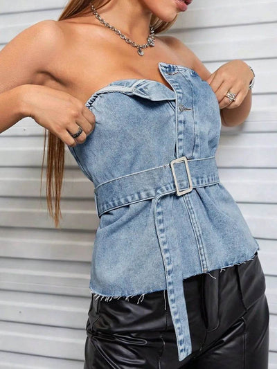 Frayed Hem Button Detail Tube Top - Byyde