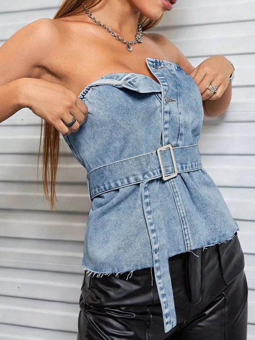 Frayed Hem Button Detail Tube Top - Byyde