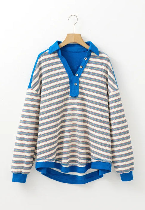 Striped Johnny Collar Long Sleeve Sweatshirt - Byyde