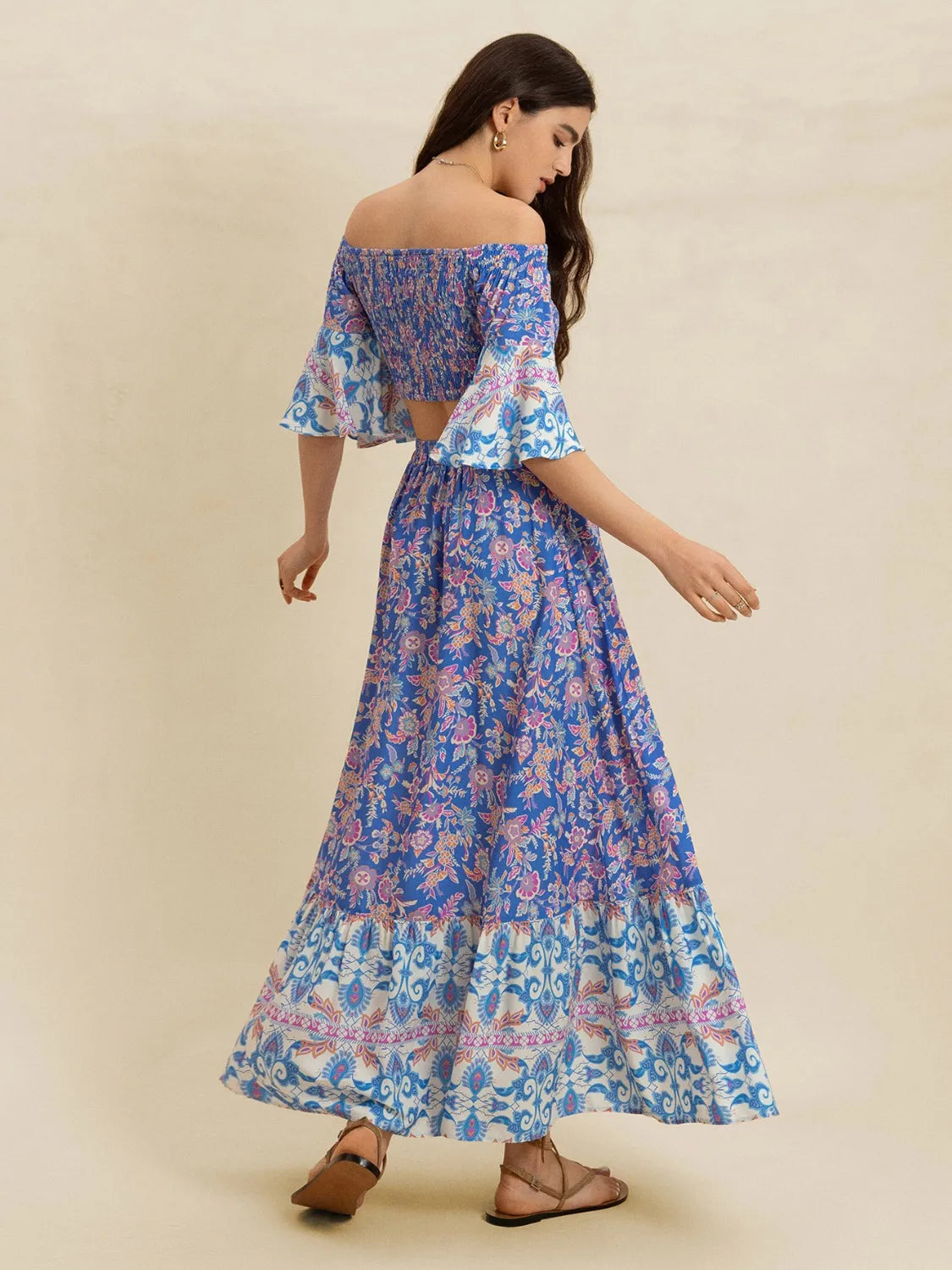Smocked Off-Shoulder Printed Top and Skirt Set - Byyde