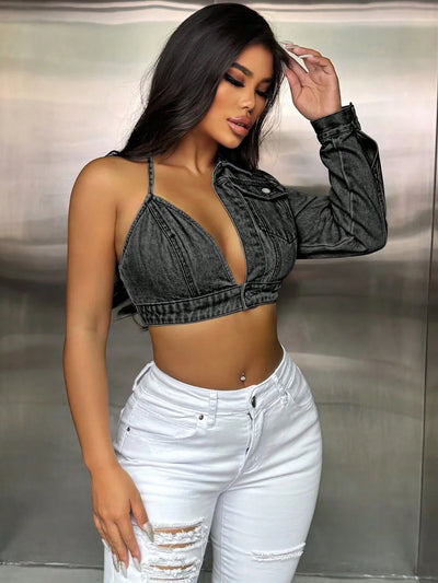 One Shoulder Long Sleeve Cropped Denim Top - Byyde