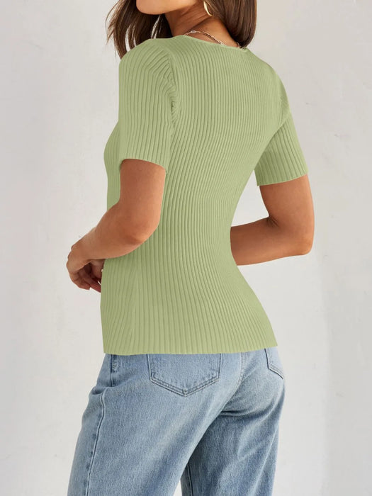 Ribbed Square Neck Short Sleeve Knit Top - Byyde