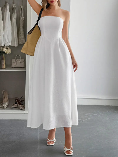 Strapless A-Line Midi Dress with Pockets - Byyde