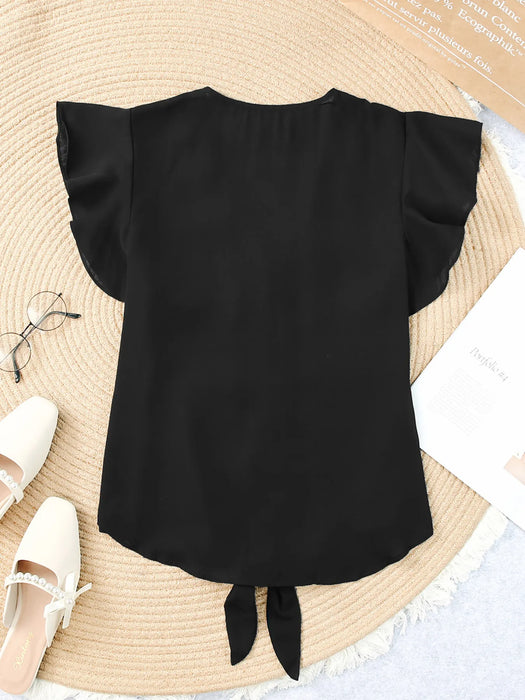 V-Neck Tie-Front Flutter Sleeve Blouse - Byyde