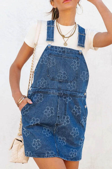 Flower Print Square Neck Denim Overall Dress - Byyde