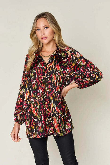 Double Take Full Size Printed Button Up Long Sleeve Shirt - Byyde