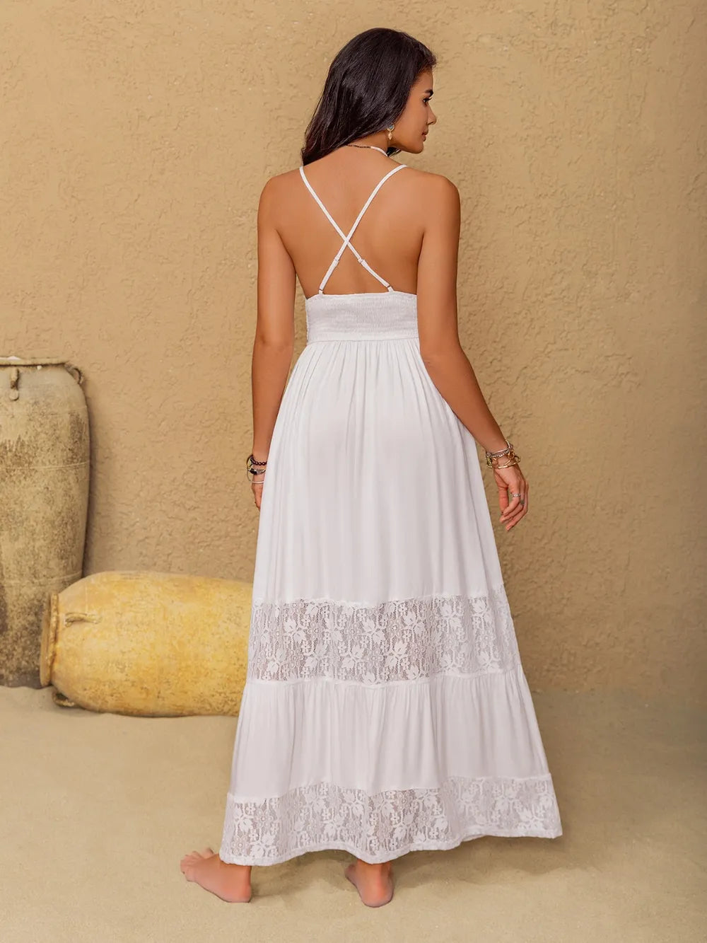 Lace Detail Crochet Tiered Maxi Cami Dress - Byyde