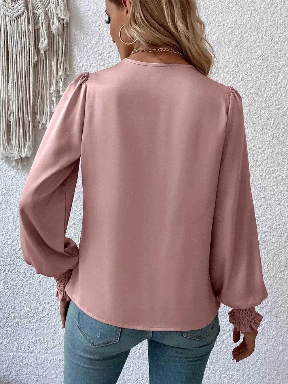 Surplice Smocked Lantern Sleeve Blouse - Byyde