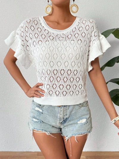 Ruffled Openwork Round Neck Knit Top - Byyde