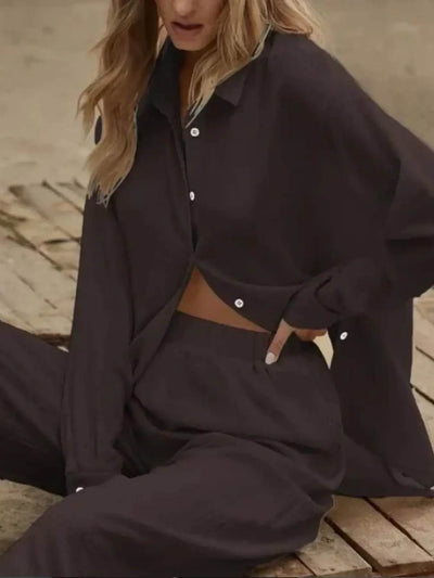 Button Up Long Sleeve Shirt and Pants Set - Byyde
