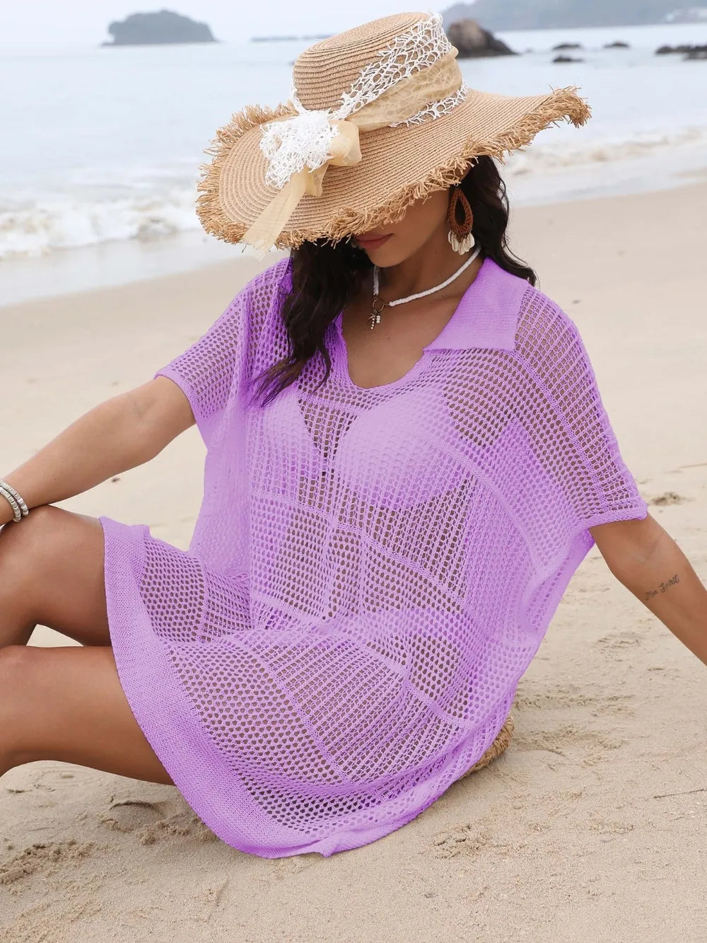Hollow Out Collared Neck Cover-Up - Byyde