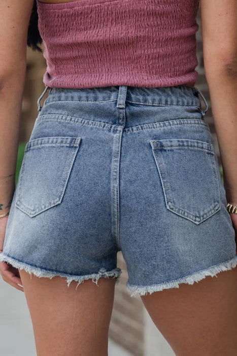 Pearl Beaded Raw Hem Wash Denim Shorts - Byyde