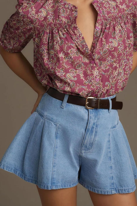 Pleated Patchwork Panel Lightweight Denim Shorts - Byyde