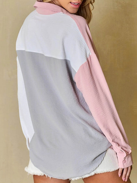 Color Block Oversized Button-Up Shirt with Chest Pocket - Byyde