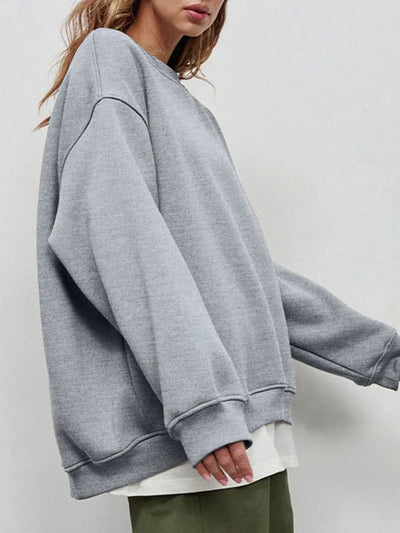 Round Neck Dropped Shoulder Long Sleeve Sweatshirt - Byyde