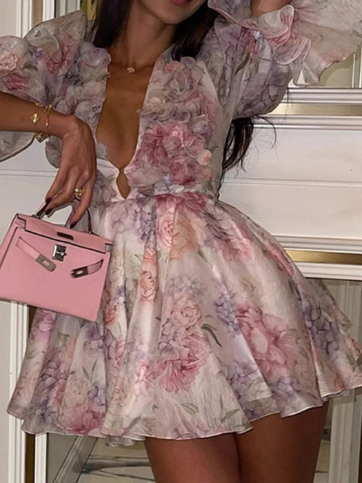 Floral Print Ruffled Mini Dress with Deep V-Neck - Byyde